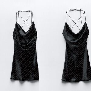 Zara Black satin effect crystal rhinestone jewelled cowl neck mini slip dress M